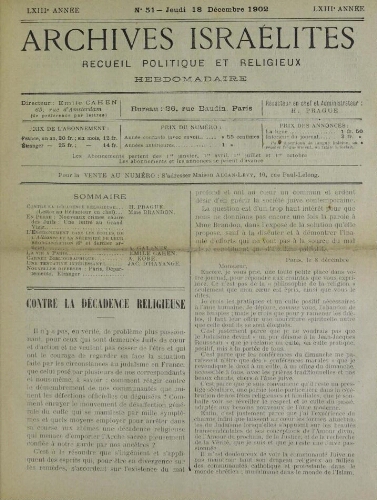 Archives israélites de France. Vol.63 N°51 (18 déc. 1902)